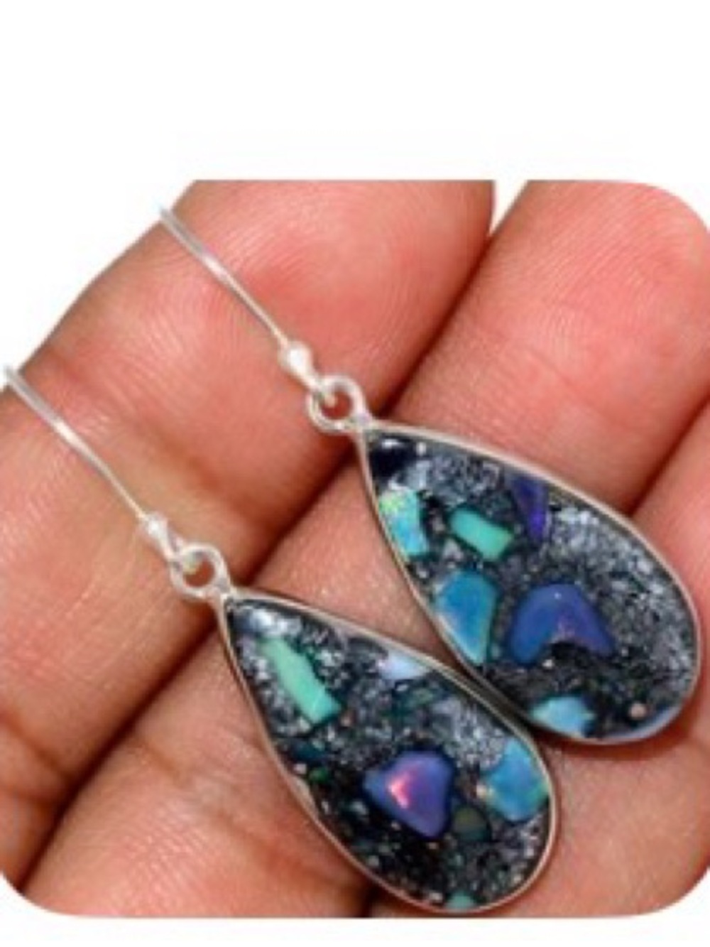 Genuine Ethiopian opal in pyrite silver earrings - Picture 3 of 4
